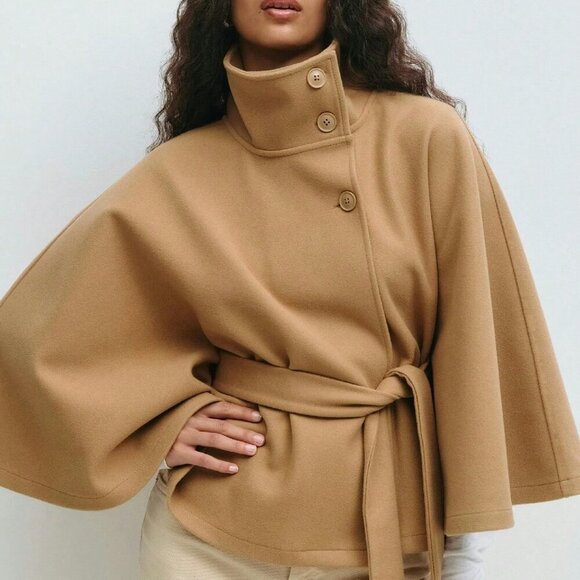 Khaki Elegant Women's Cloak Collar Button Coat With Belt - Picture 1 of 3